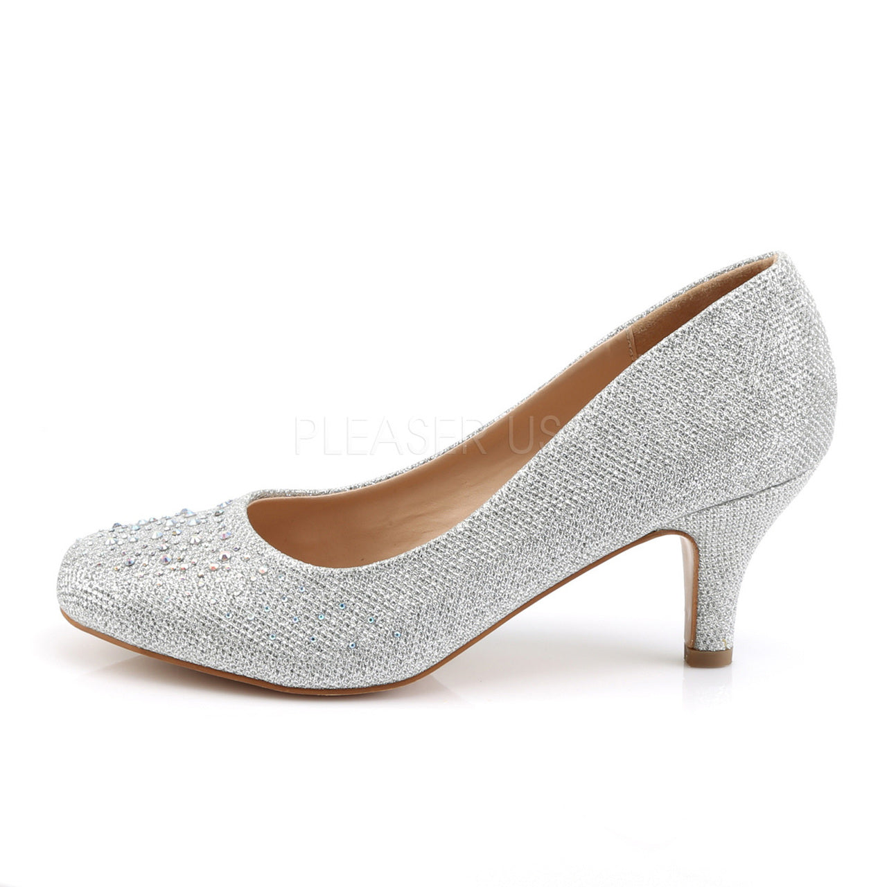Silver Glitter Mesh Fabric 2.5" Kitten Heel W- Rhinestones