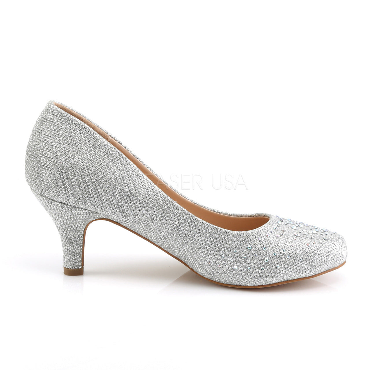 Silver Glitter Mesh Fabric 2.5" Kitten Heel W- Rhinestones